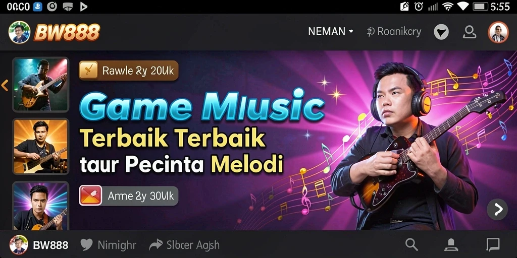 Tangkapan layar utama menunjukkan gameplay dinamis BW888 dengan elemen musik yang menarik.