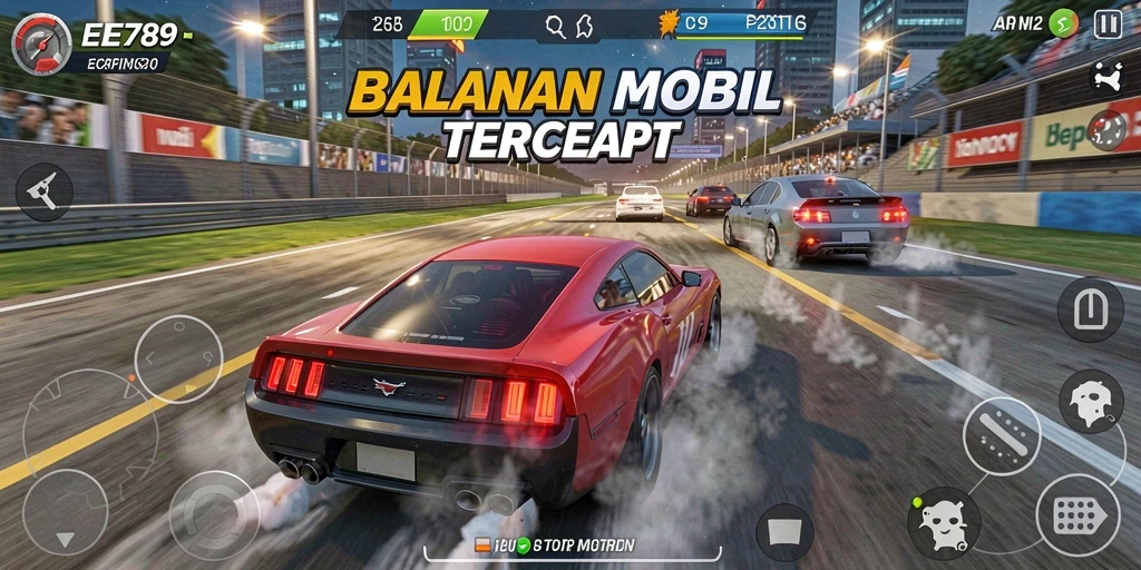 Screenshot utama EE789 menunjukkan balapan mobil yang penuh aksi dan kompetisi ketat.