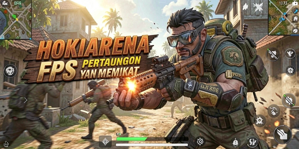 Screenshot menunjukkan aksi seru dalam HOKIARENA dengan pertarungan FPS yang nyata.