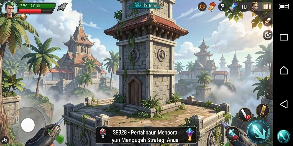 Tampilan gameplay SE328 dengan menara dan musuh yang menantang.