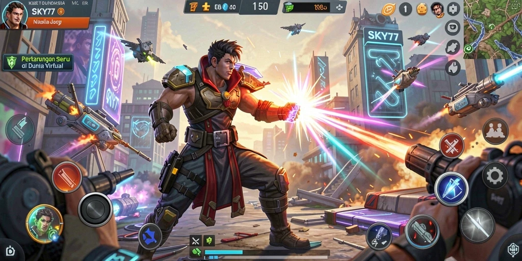 Screenshot utama menunjukkan pertarungan epik antar karakter dalam SKY77.