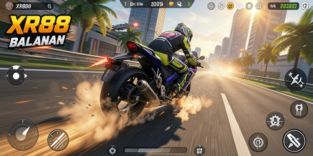 Tampilan gameplay XR88 saat balapan motor yang mendebarkan.